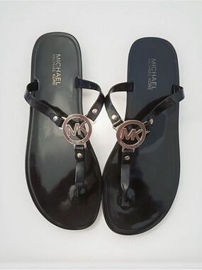 Michael Kors Black Gloss Logo Jelly Thong Sandals | Women’s Size 10